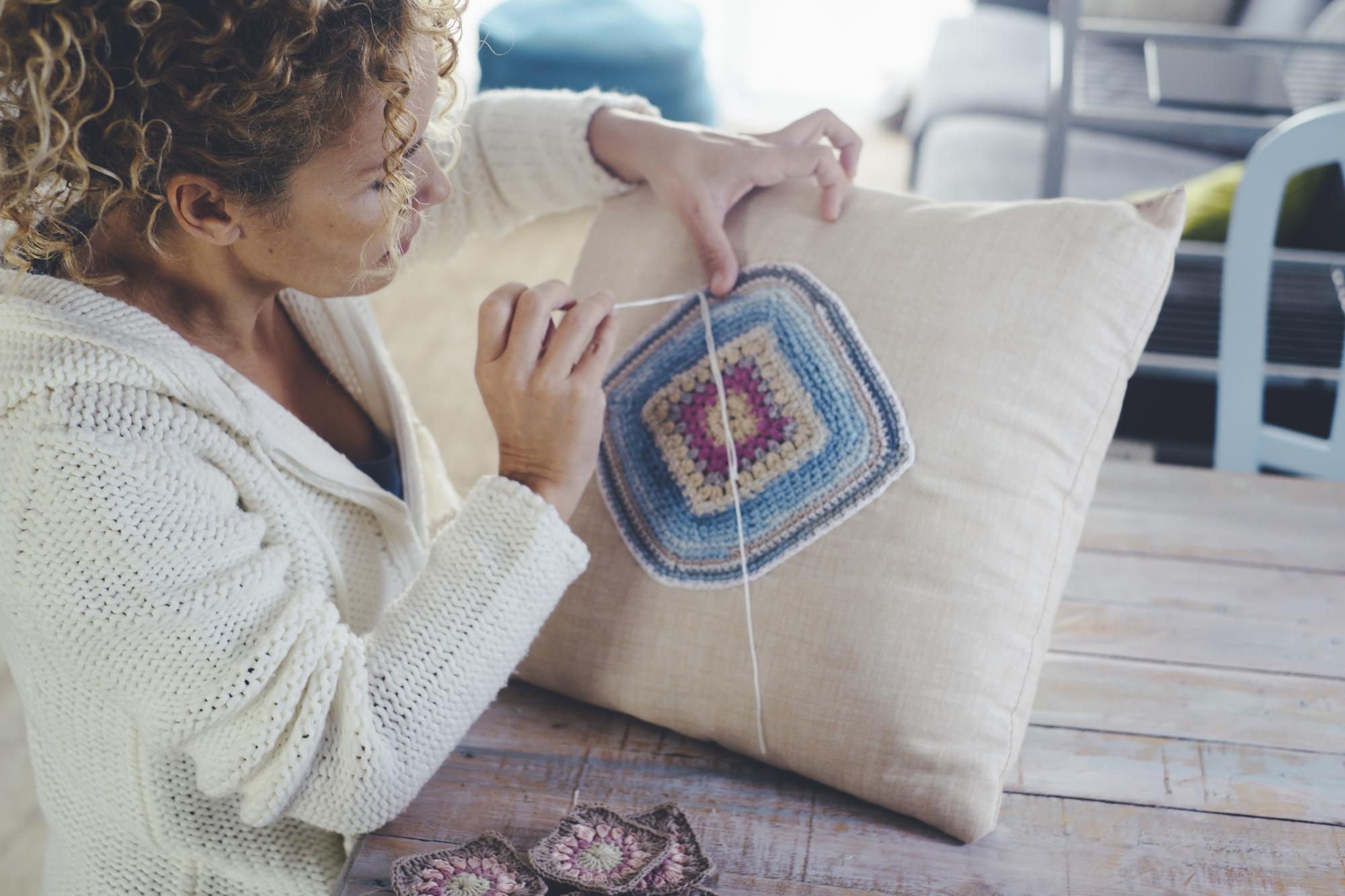 linen cushion with geometric embroidery
